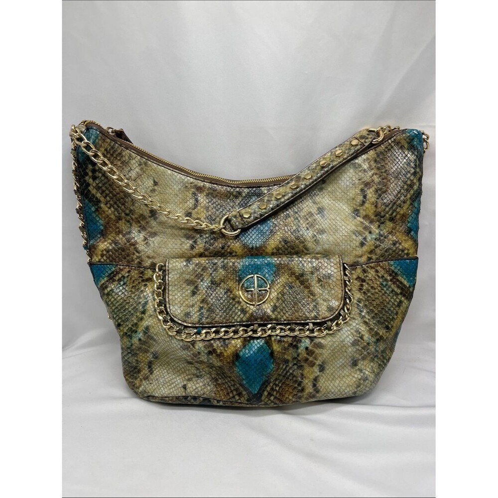 NWOT Gianni Bini Faux Leather Tan and Blue Snakeskin Print Shoulder Bag Purse